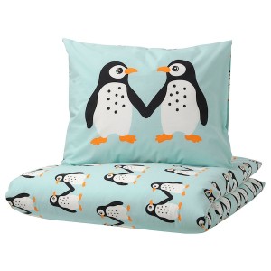 IKEA BLÅVINGAD duvet cover and pillowcase(s), Twin Penguin Pattern / Light Turquoise, Ikea Ireland | 1342DXUFN
