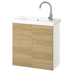 IKEA ENHET / TVÄLLEN Bathroom vanity w doors/sink/faucet, 25 1/2x13 1/8x26 in White / Oak Effect, Ikea Ireland | 2614YOMVJ