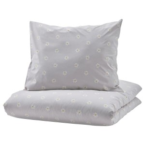 IKEA NATTSLÄNDA duvet cover and pillowcase(s), floral pattern, Twin Gray / White, Ikea Ireland | 0127RUDGI