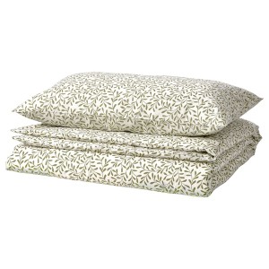 IKEA SORGMANTEL duvet cover and pillowcase(s), Twin White / Green, Ikea Ireland | 6045KVUZB