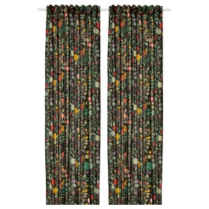 IKEA VILDPERSILJA curtains, 1 pair, 57x98 in Black / Green Multicolor / Floral Pattern, Ikea Ireland | 7350XFLJV