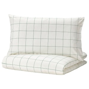 IKEA VITKLÖVER duvet cover and pillowcase(s), Twin White Green / Check, Ikea Ireland | 6821CDSNP