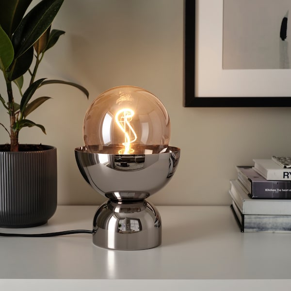 IKEA ACKJA / MOLNART table lamp with LED bulb, chrome effect/globe gray clear glass, Ikea Ireland | 0896HZEVI