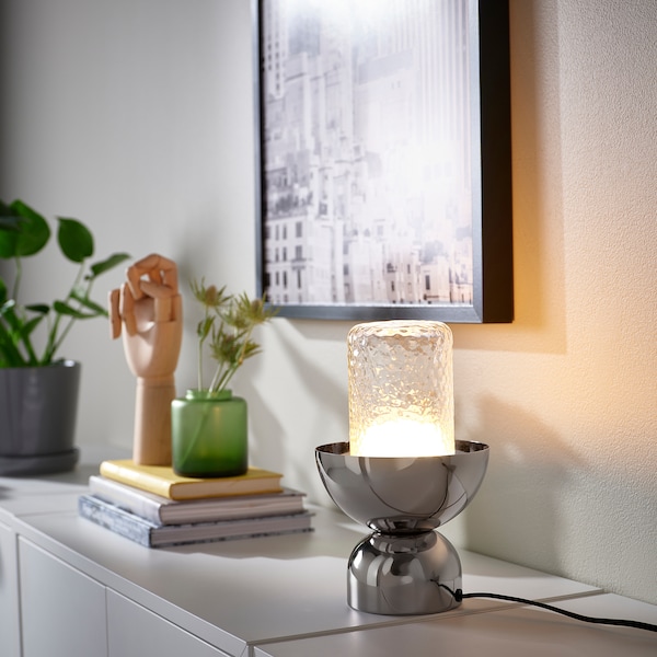 IKEA ACKJA / MOLNART table lamp with LED bulb, chrome effect/clear glass patterned, Ikea Ireland | 8014XSRNV