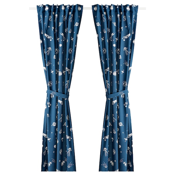 IKEA AFTONSPARV curtains with tie-backs, 1 pair, space blue/white, 47x98 in, Ikea Ireland | 0641DSJXU