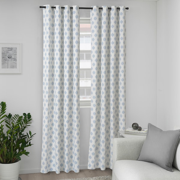 IKEA ANTENNMAL curtains, 1 pair, white/light blue, 57x98 in, Ikea Ireland | 9250DFVKL