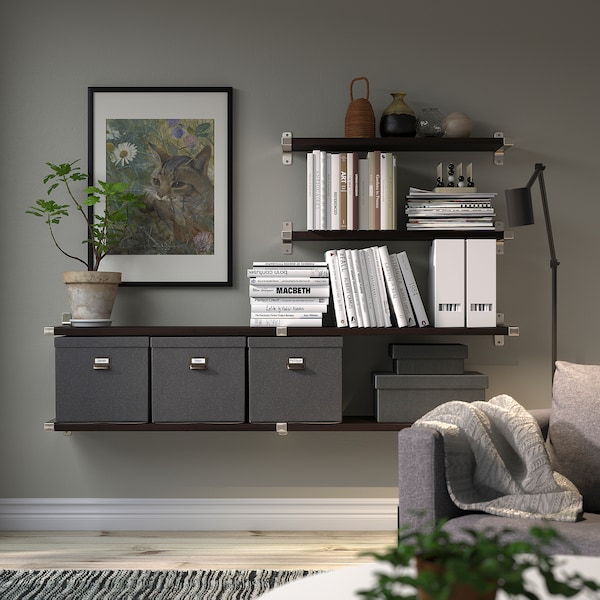 IKEA BERGSHULT / GRANHULT wall shelf combination, 63x11 3/4 in Brown / Black / Nickel Plated, Ikea Ireland | 9510HPADU