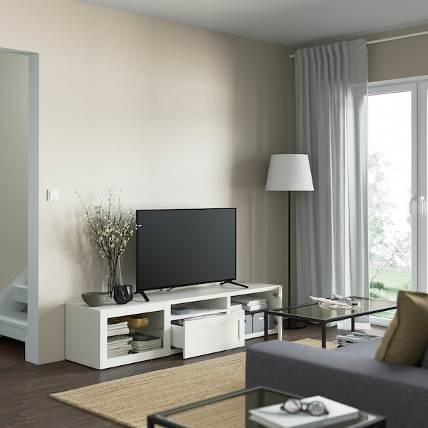 IKEA BESTÅ TV bench, 70 7/8x16 1/2x15 3/8 in White / Hanviken White Clear Glass, Ikea Ireland | 2967KPHYO
