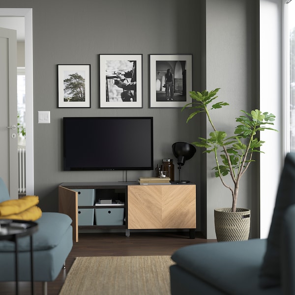 IKEA BESTÅ TV bench with doors, 47 1/4x16 1/2x18 7/8 in Black / Brown / Hedeviken / Stubbarp Oak Veneer, Ikea Ireland | 9721NOZWR