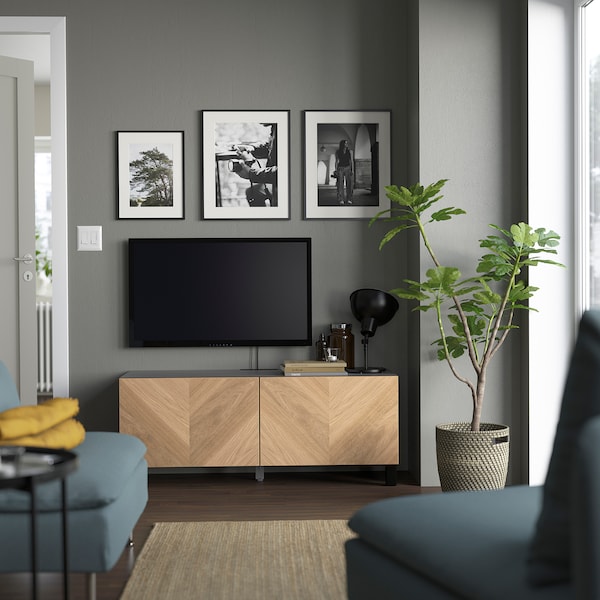 IKEA BESTÅ TV bench with doors, 47 1/4x16 1/2x18 7/8 in Black / Brown / Hedeviken / Stubbarp Oak Veneer, Ikea Ireland | 9721NOZWR