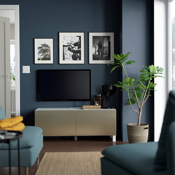 IKEA BESTÅ TV bench with doors, 47 1/4x16 1/2x18 7/8 in White Riksviken / Stubbarp / Bronze Color, Ikea Ireland | 1340DKOEL