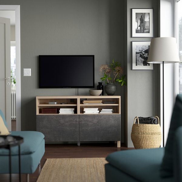 IKEA BESTÅ TV bench with doors, 47 1/4x16 1/2x29 1/8 in White Stained Oak Effect Kallviken / Stubbarp / Dark Gray Concre, Ikea Ireland | 3156KOLYB