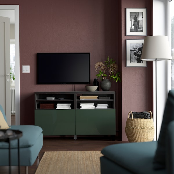 IKEA BESTÅ TV bench with doors, 47 1/4x16 1/2x29 1/8 in Black / Brown / Selsviken / Stubbarp Dark Olive / Green, Ikea Ireland | 2459ONEAV