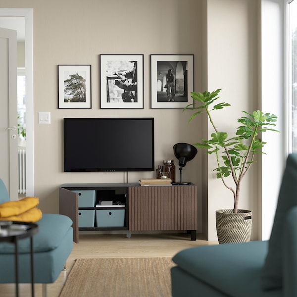 IKEA BESTÅ TV bench with doors, 47 1/4x16 1/2x18 7/8 in Black / Brown Björköviken / Stubbarp / Brown Stained Oak Veneer, Ikea Ireland | 7910LVTCO
