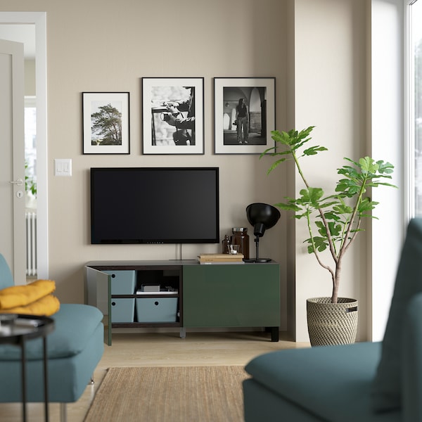 IKEA BESTÅ TV bench with doors, 47 1/4x16 1/2x18 7/8 in Black / Brown / Selsviken / Stubbarp Dark Olive / Green, Ikea Ireland | 3265SYBVR