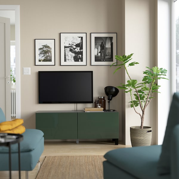 IKEA BESTÅ TV bench with doors, 47 1/4x16 1/2x18 7/8 in Black / Brown / Selsviken / Stubbarp Dark Olive / Green, Ikea Ireland | 3265SYBVR