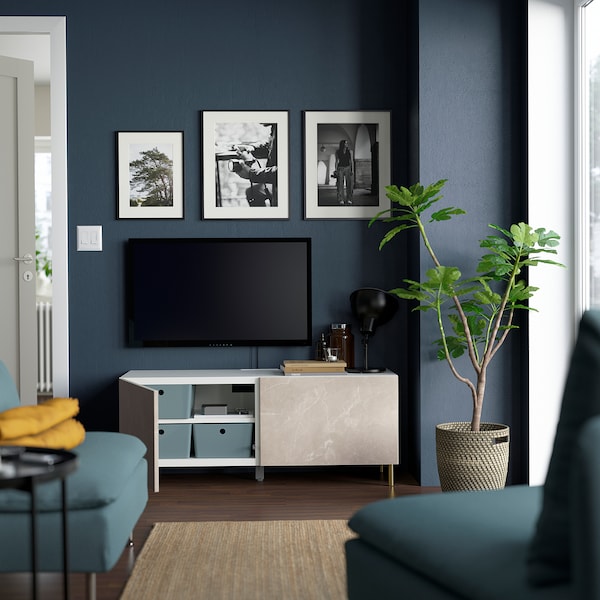 IKEA BESTÅ TV bench with doors, 47 1/4x16 1/2x18 7/8 in White / Bergsviken / Ösarp Beige, Ikea Ireland | 5072VMPTA