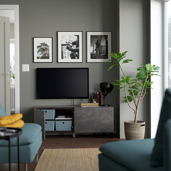 IKEA BESTÅ TV bench with doors, 47 1/4x16 1/2x18 7/8 in Black / Brown / Kallviken / Stubbarp Dark Gray, Ikea Ireland | 8714VHPUL