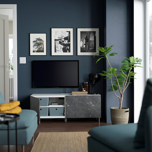 IKEA BESTÅ TV bench with doors, 47 1/4x16 1/2x18 7/8 in White Bergsviken / Ösarp / Black, Ikea Ireland | 0341URODK