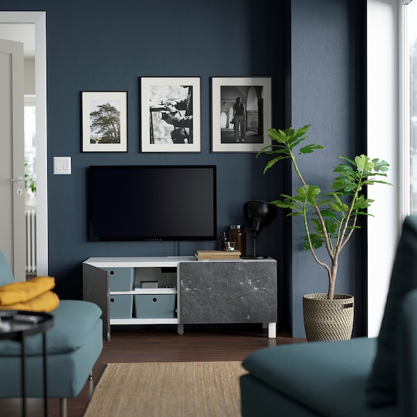 IKEA BESTÅ TV bench with doors, 47 1/4x16 1/2x18 7/8 in White Bergsviken / Stubbarp / Black, Ikea Ireland | 9813ILBON