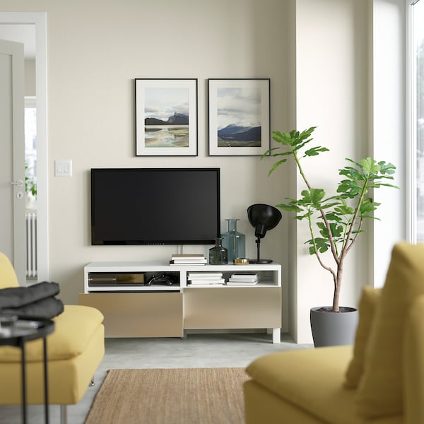 IKEA BESTÅ TV bench with drawers, 47 1/4x16 1/2x18 7/8 in White / Riksviken / Stubbarp Light Bronze Effect, Ikea Ireland | 4382JUXKN