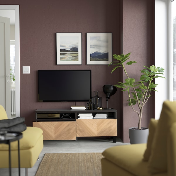 IKEA BESTÅ TV bench with drawers, 47 1/4x16 1/2x18 7/8 in Black / Brown Hedeviken / Stubbarp / Oak Veneer, Ikea Ireland | 9853NKZTP
