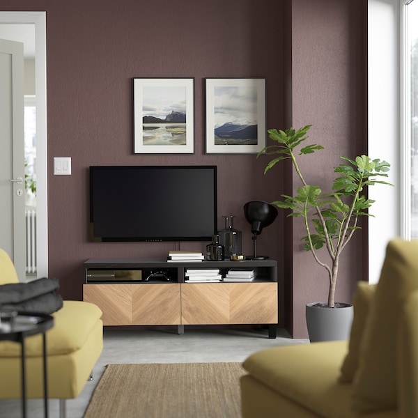 IKEA BESTÅ TV bench with drawers, 47 1/4x16 1/2x18 7/8 in Black / Brown Hedeviken / Stubbarp / Oak Veneer, Ikea Ireland | 9853NKZTP