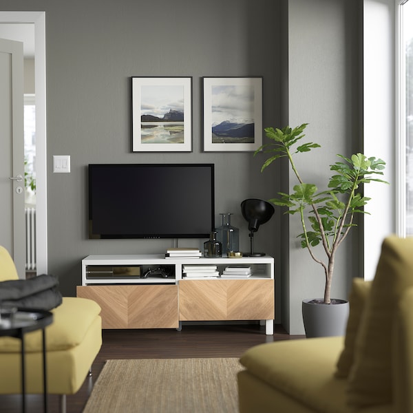 IKEA BESTÅ TV bench with drawers, 47 1/4x16 1/2x18 7/8 in White / Hedeviken / Stubbarp Oak Veneer, Ikea Ireland | 0894ODRXQ