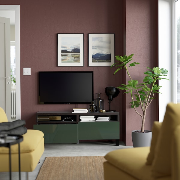 IKEA BESTÅ TV bench with drawers, 47 1/4x16 1/2x18 7/8 in Black / Brown / Selsviken / Stubbarp Dark Olive / Green, Ikea Ireland | 4826BFMOJ