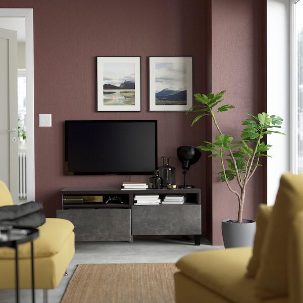 IKEA BESTÅ TV bench with drawers, 47 1/4x16 1/2x18 7/8 in Black / Brown / Kallviken / Stubbarp Dark Gray, Ikea Ireland | 7416IFWYB