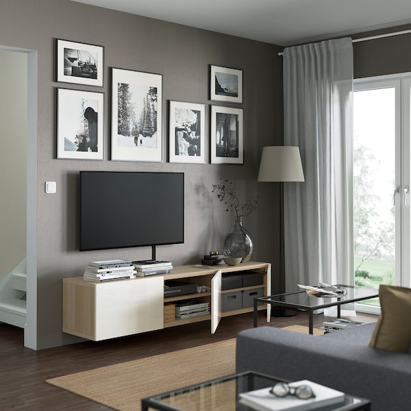 IKEA BESTÅ TV unit with doors, 70 7/8x16 1/2x15 in White Stained Oak Effect / Selsviken High / Gloss / White, Ikea Ireland | 5763AETWC