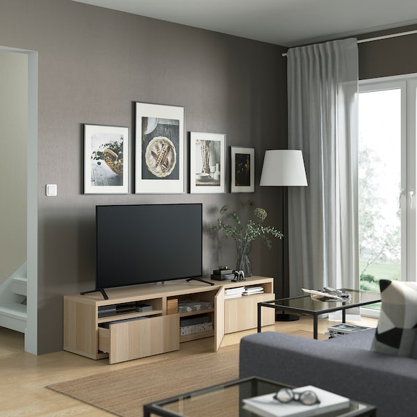 IKEA BESTÅ TV unit with drawers and door, 70 7/8x16 1/2x15 3/8 in White Stained Oak Effect / Lappviken White Stained Oak Effect, Ikea Ireland | 7142DHWRP