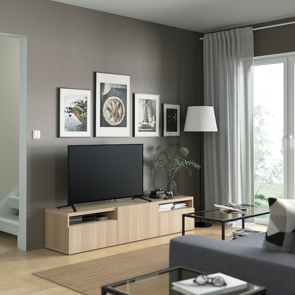 IKEA BESTÅ TV unit with drawers and door, 70 7/8x16 1/2x15 3/8 in White Stained Oak Effect / Lappviken White Stained Oak Effect, Ikea Ireland | 7142DHWRP