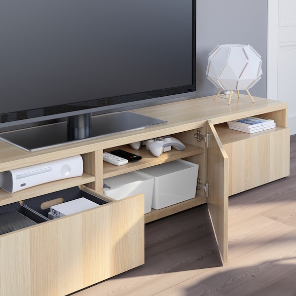 IKEA BESTÅ TV unit with drawers and door, 70 7/8x16 1/2x15 3/8 in White Stained Oak Effect / Lappviken White Stained Oak Effect, Ikea Ireland | 7142DHWRP
