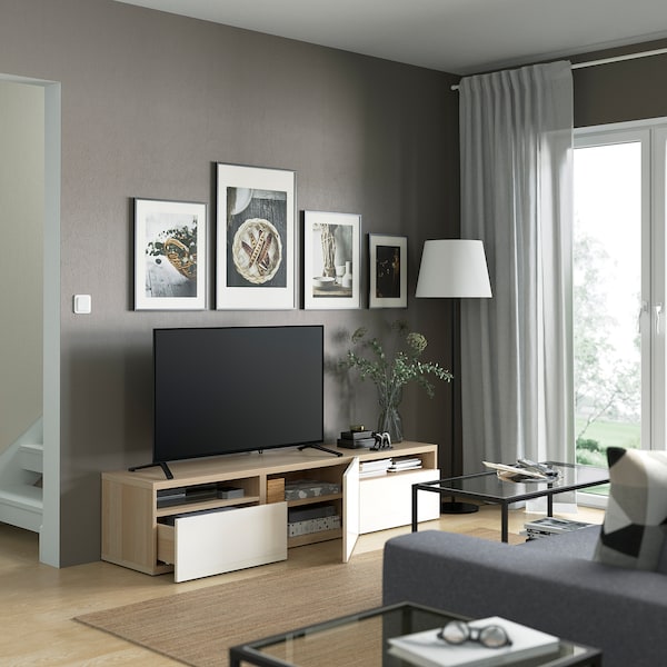 IKEA BESTÅ TV unit with drawers and door, 70 7/8x16 1/2x15 3/8 in White Stained Oak Effect / Selsviken High / Gloss / White, Ikea Ireland | 0219WZLGU