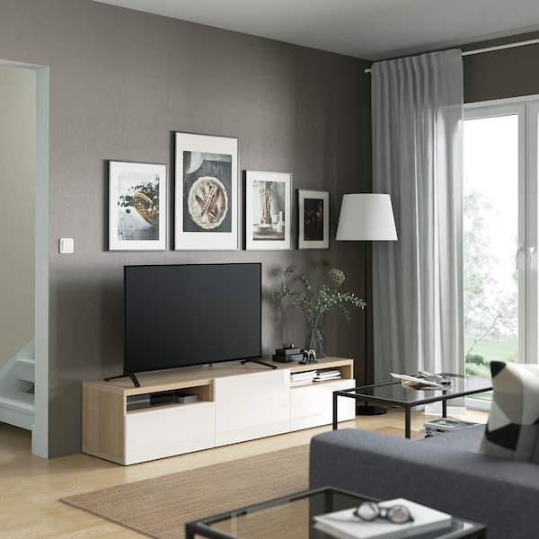 IKEA BESTÅ TV unit with drawers and door, 70 7/8x16 1/2x15 3/8 in White Stained Oak Effect / Selsviken High / Gloss / White, Ikea Ireland | 0219WZLGU