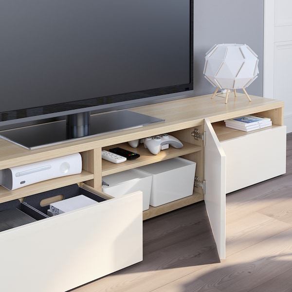 IKEA BESTÅ TV unit with drawers and door, 70 7/8x16 1/2x15 3/8 in White Stained Oak Effect / Selsviken High / Gloss / White, Ikea Ireland | 0219WZLGU