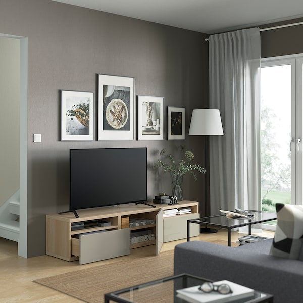 IKEA BESTÅ TV unit with drawers and door, 70 7/8x16 1/2x15 3/8 in White Stained Oak Effect / Selsviken High / Gloss / Beige, Ikea Ireland | 8032GDKWB