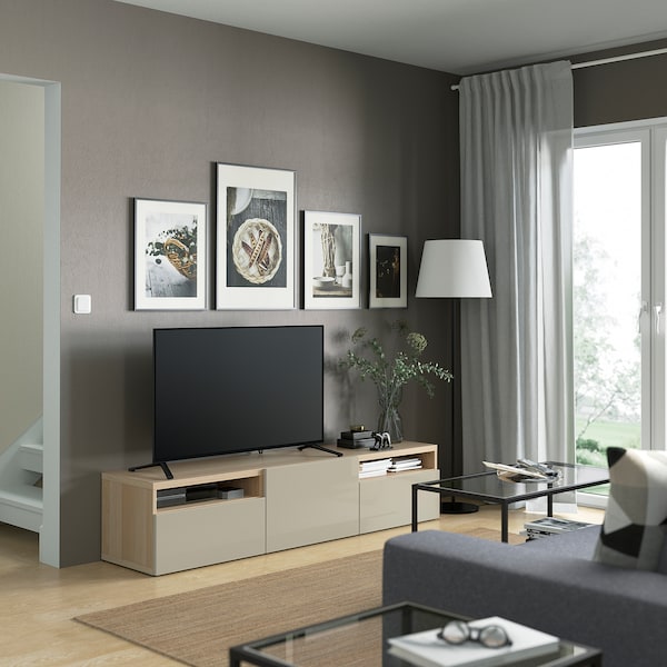 IKEA BESTÅ TV unit with drawers and door, 70 7/8x16 1/2x15 3/8 in White Stained Oak Effect / Selsviken High / Gloss / Beige, Ikea Ireland | 8032GDKWB