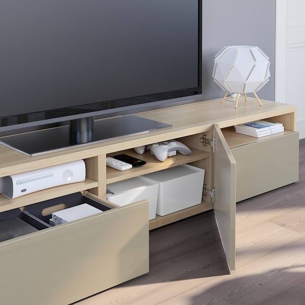 IKEA BESTÅ TV unit with drawers and door, 70 7/8x16 1/2x15 3/8 in White Stained Oak Effect / Selsviken High / Gloss / Beige, Ikea Ireland | 8032GDKWB