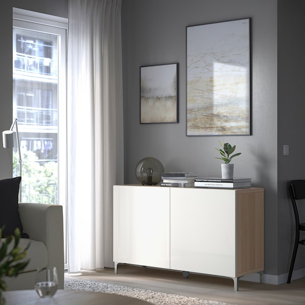 IKEA BESTÅ storage combination with doors, 47 1/4x16 1/2x29 1/8 in White Stained Oak Effect / Selsviken High / Gloss / White, Ikea Ireland | 1479BHJLZ