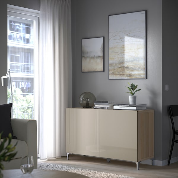 IKEA BESTÅ storage combination with doors, 47 1/4x16 1/2x29 1/8 in White Stained Oak Effect / Selsviken High / Gloss / Beige, Ikea Ireland | 2980TYFLH
