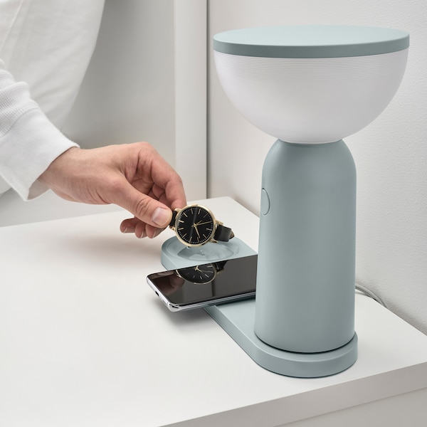 IKEA BETTORP LED mobile lamp w wireless charging, dimmable light gray-blue, Ikea Ireland | 4765HAVEK