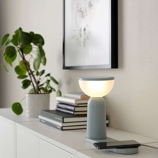 IKEA BETTORP LED mobile lamp w wireless charging, dimmable light gray-blue, Ikea Ireland | 4765HAVEK