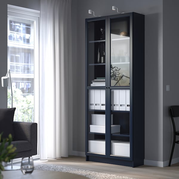 IKEA BILLY Bookcase with glass doors, dark blue, 31 1/2x11 3/4x79 1/2 in, Ikea Ireland | 7962MTPNJ