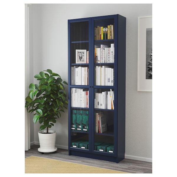 IKEA BILLY Bookcase with glass doors, dark blue, 31 1/2x11 3/4x79 1/2 in, Ikea Ireland | 7962MTPNJ