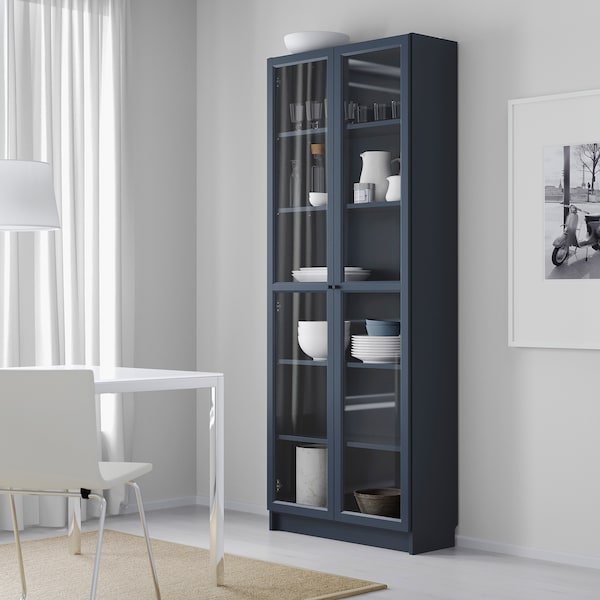 IKEA BILLY Bookcase with glass doors, dark blue, 31 1/2x11 3/4x79 1/2 in, Ikea Ireland | 7962MTPNJ