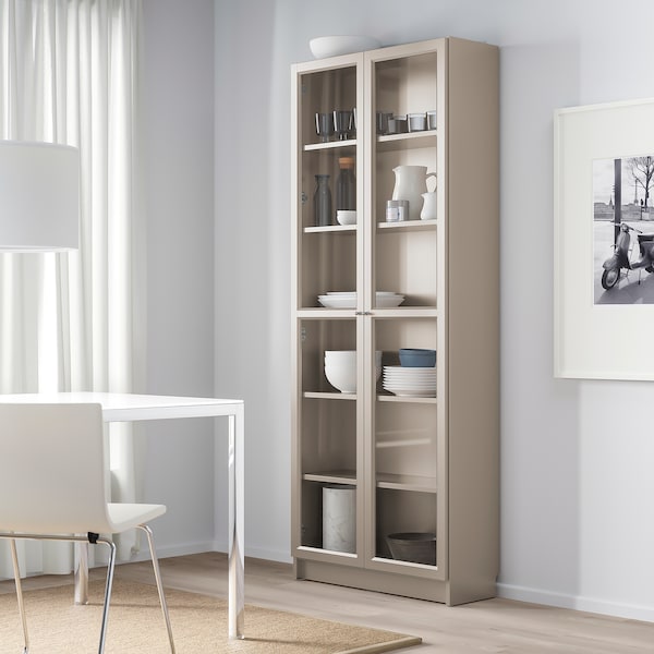 IKEA BILLY Bookcase with glass doors, gray, metallic effect, 31 1/2x11 3/4x79 1/2 in, Ikea Ireland | 5813IPTKO