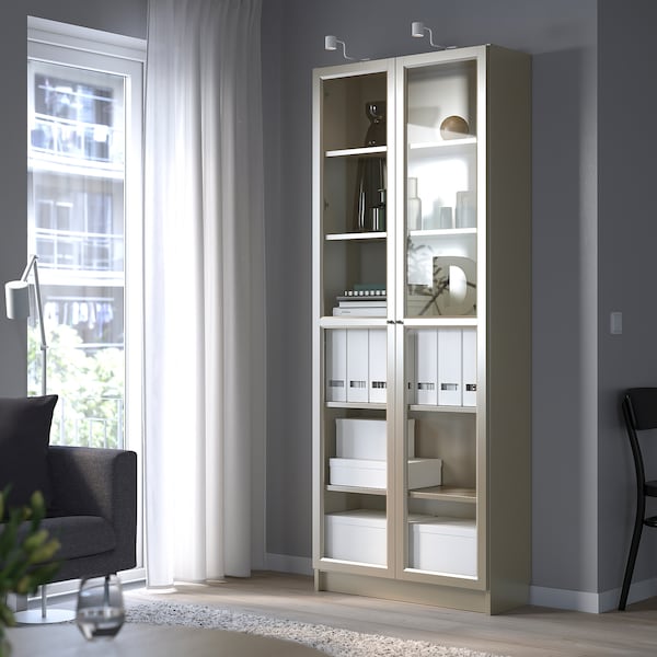 IKEA BILLY Bookcase with glass doors, gray, metallic effect, 31 1/2x11 3/4x79 1/2 in, Ikea Ireland | 5813IPTKO