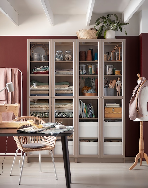 IKEA BILLY Bookcase with glass doors, gray, metallic effect, 31 1/2x11 3/4x79 1/2 in, Ikea Ireland | 5813IPTKO